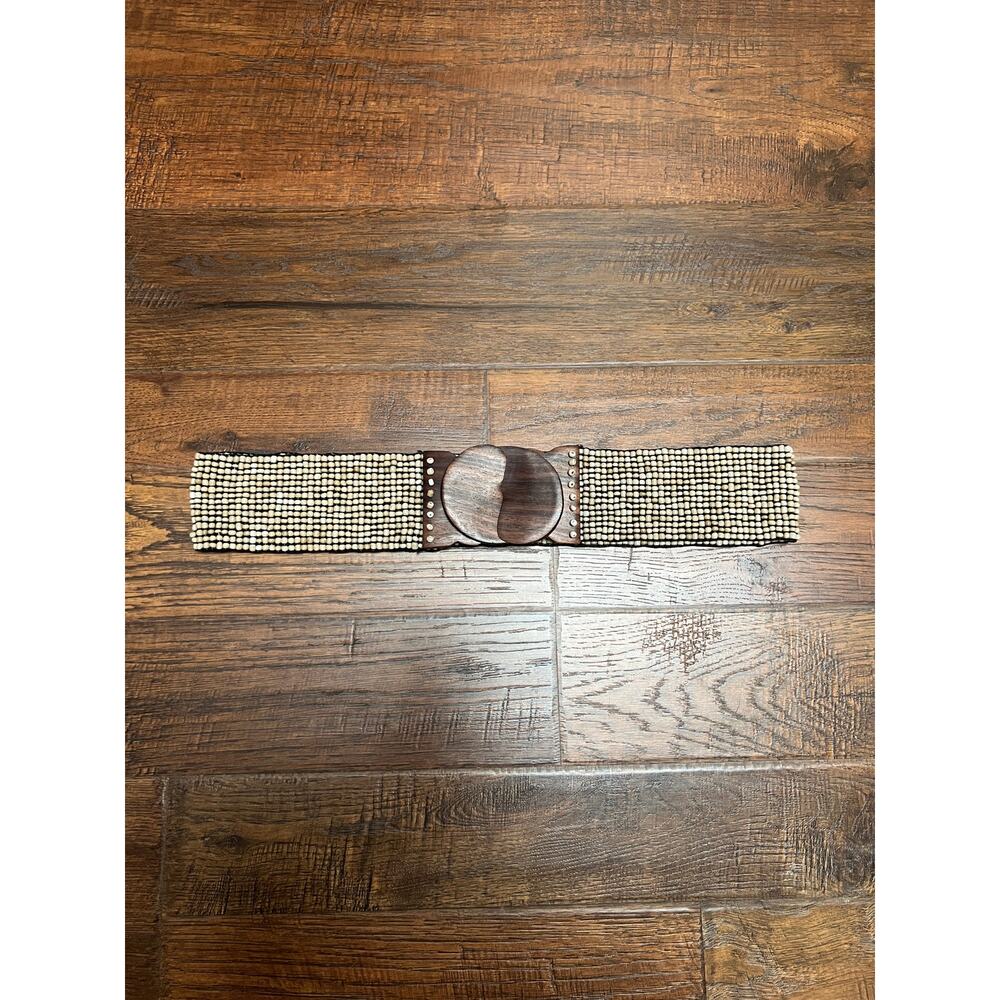 Vintage Style Glass Seed Beaded Waist Belt Wood Buckle Sandy Beige 31.5"